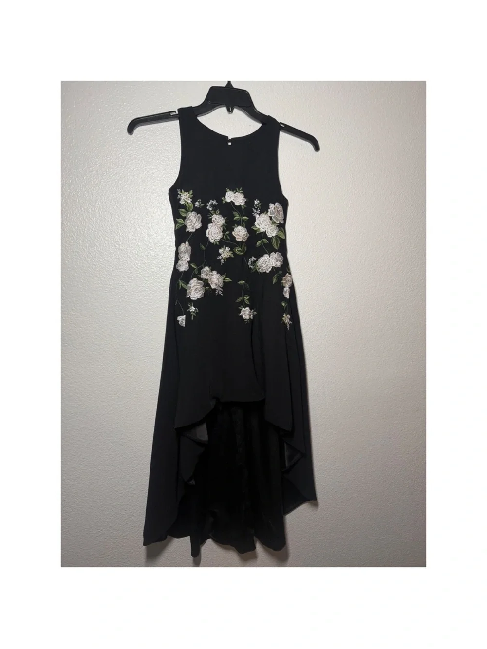 GB girls Black High-Low Dress with White & Green Floral Embroidery